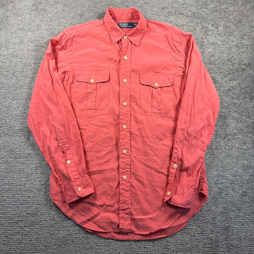 Polo Ralph Lauren Mens Medium Coral Pink Linen Cotton Button Up Utility Shirt